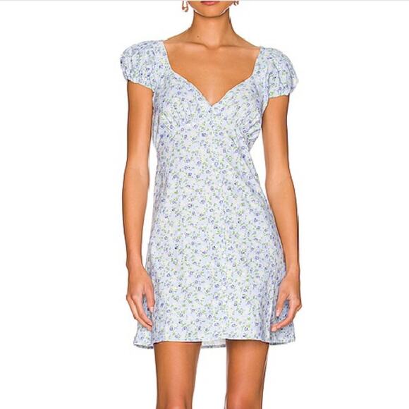Boyish The Dusty Floral Puff-Sleeve Mini Dress In Blue 8 - Picture 1 of 8